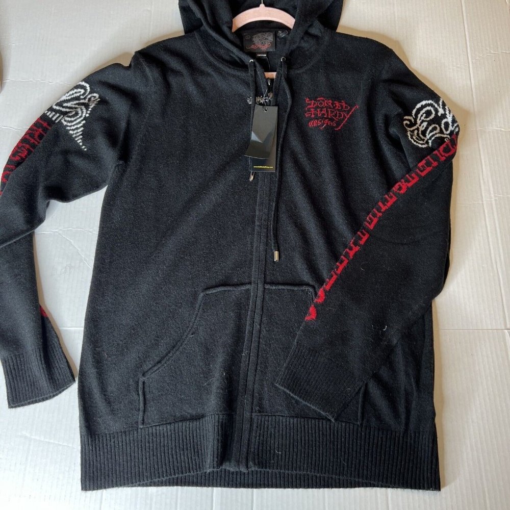 ED HARDY L Hooded Wool Blend Zip Knit Sweater Cardigan Scull LOVE KILLS SLOWLY - Picture 4 of 14